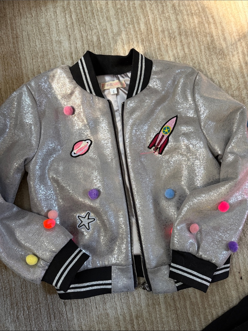 Girls Silver Sparkle Bomber Jacket with Space Patches